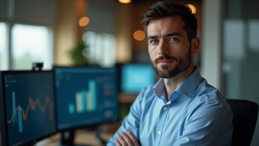 Finanšu analītiķis pie datora ar grafikus un likmes diagrammām