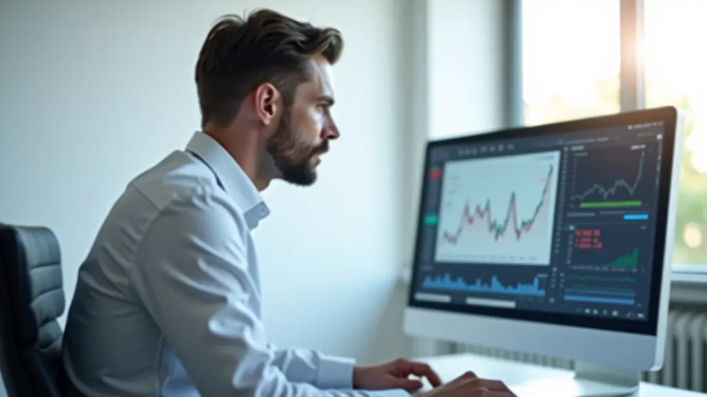 Finanšu analītiķis studē investīciju grafikus un datus pie datora