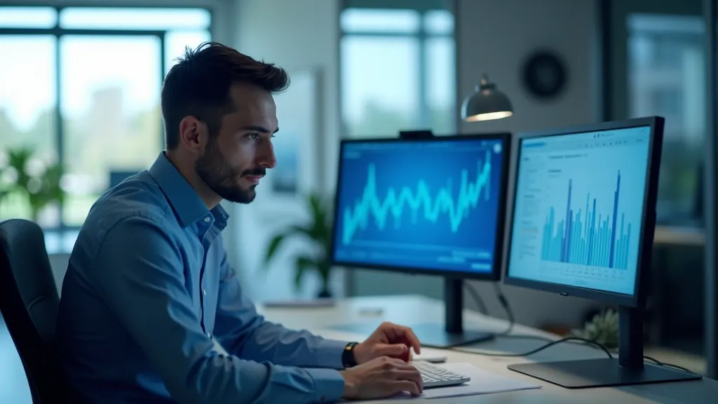 Finanšu analītikas profesionāls darbā ar datoriem un grafiskiem diagrammiem